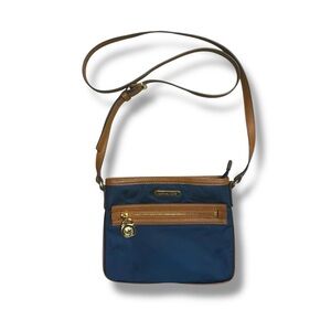 Michael Kors Kempton Small Navy Crossbody with Tan Trim and Gold Hardware
